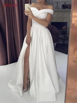 stylesnuggle offers White Silky Off-the-shoulder High split Princess Wedding Dress online at an affordable price from Satin to A-line Floor-length skirts. Shop for Amazing Sleeveless wedding collections for your big day.