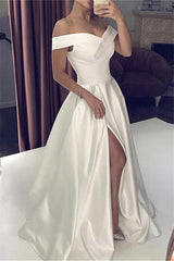 White Silky Off the shoulder High split Princess Wedding Dress-stylesnuggle