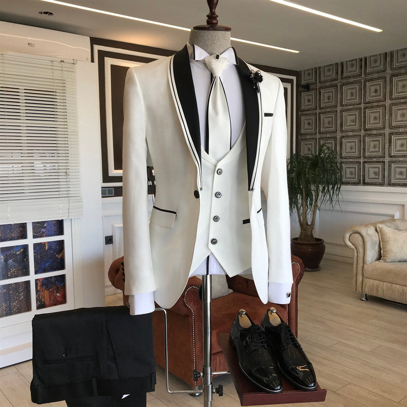 stylesnuggle is your ultimate source for White Slim Fit Bespoke Wedding Men Suits with Black Shawl Lapel. Our White Shawl Lapel wedding groom Men Suits come in Bespoke styles &amp; colors with high quality and free shipping.