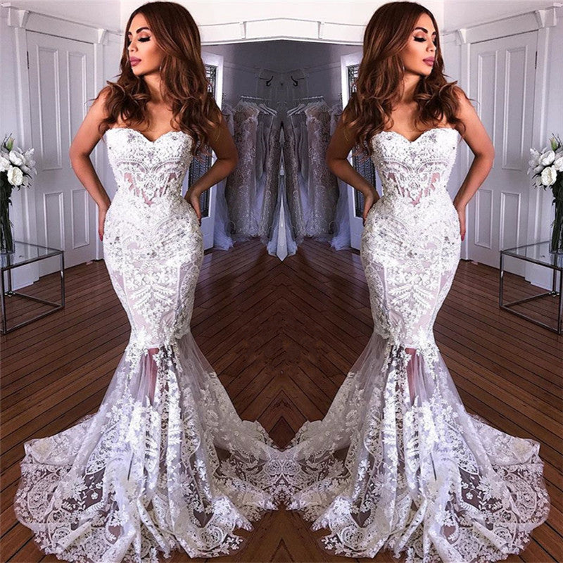 Inspired by this White Sweetheart-Neck Sheer Lace Appliques Mermaid Wedding Dresses at stylesnuggle.com, fast delivery worldwide.