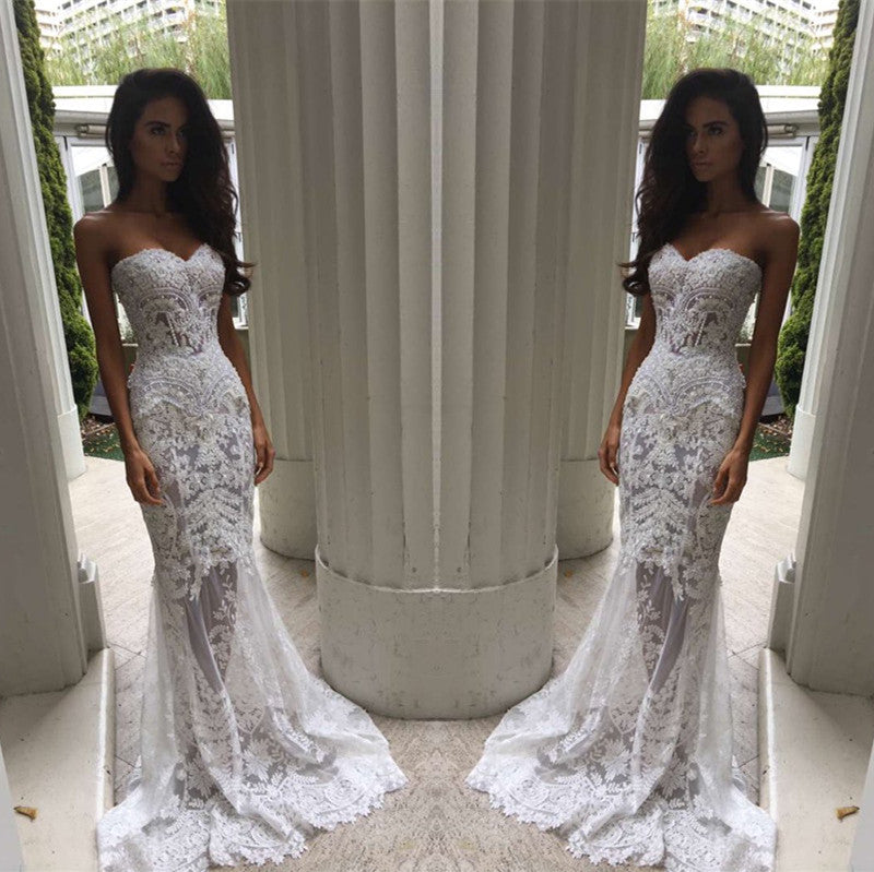 Inspired by this White Sweetheart-Neck Sheer Lace Appliques Mermaid Wedding Dresses at stylesnuggle.com, fast delivery worldwide.