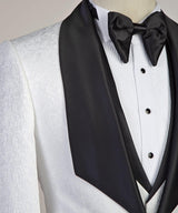 stylesnuggle custom made this White Three-pieces Jacaquard Wedding Groom Suits with Black Shawl Lapel with rush order service. Discover the design of this White Jacquard Shawl Lapel Single Breasted mens suits cheap for prom, wedding or formal business occasion.