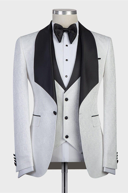 stylesnuggle custom made this White Three-pieces Jacaquard Wedding Groom Suits with Black Shawl Lapel with rush order service. Discover the design of this White Jacquard Shawl Lapel Single Breasted mens suits cheap for prom, wedding or formal business occasion.