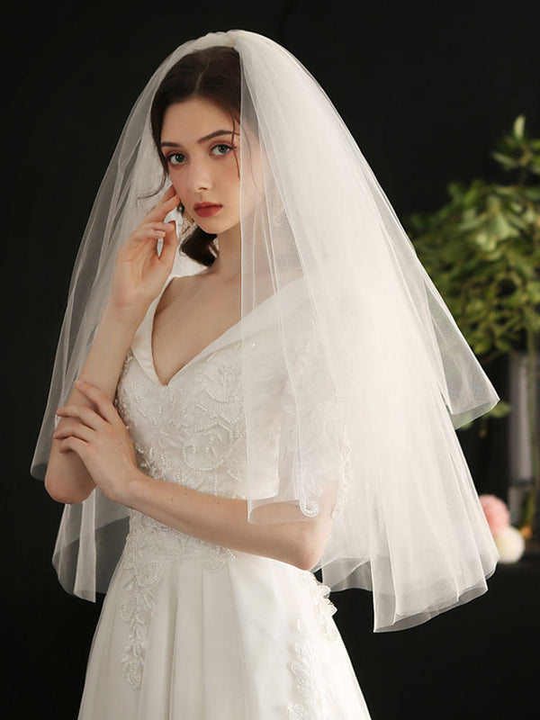 White Three-Tier Tulle Cut Edge Classic Bridal Veils-stylesnuggle