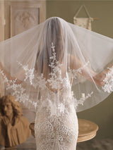 White Tulle Wedding Veils Two-Tier Lace Drop Bridal Veils-stylesnuggle