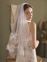 White Tulle Wedding Veils Two-Tier Lace Drop Bridal Veils-stylesnuggle