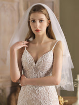 White Tulle Wedding Veils Two-Tier Lace Drop Bridal Veils-stylesnuggle