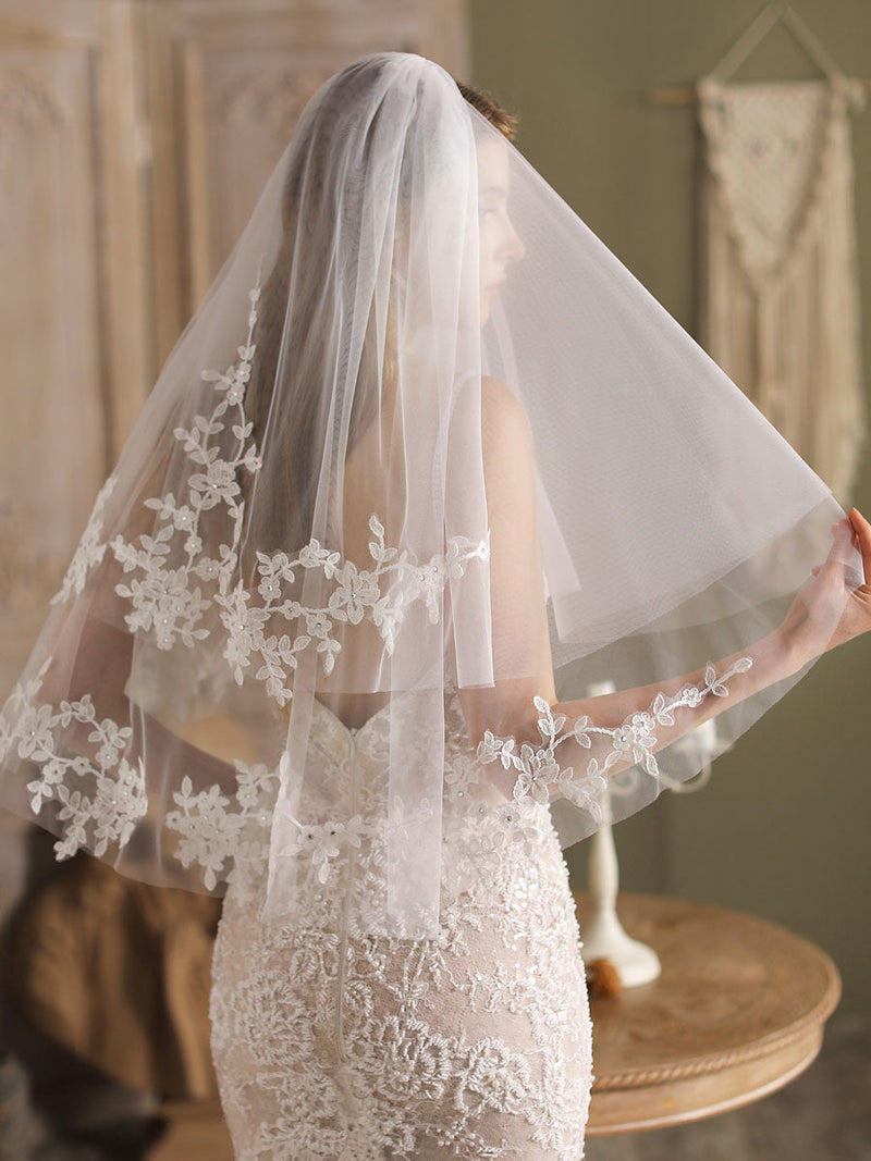 White Tulle Wedding Veils Two-Tier Lace Drop Bridal Veils-stylesnuggle