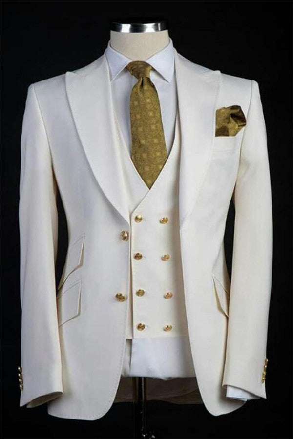 stylesnuggle made this White Wedding Groom Suits, Bespoke Gold Buttons Tuxedos for Men Three-pieces with rush order service. Discover the design of this White Solid Notched Lapel Single Breasted mens suits cheap for prom, wedding or formal business occasion.