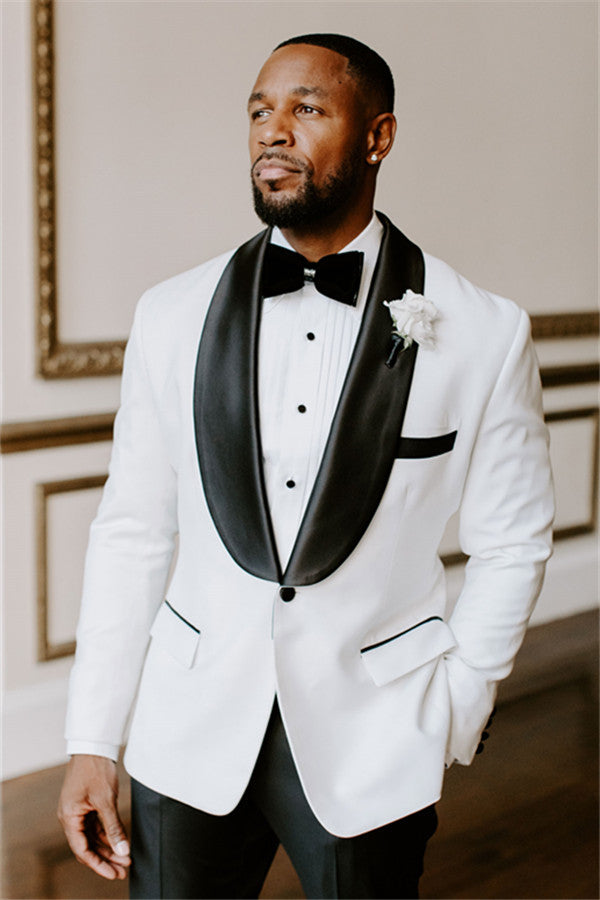 stylesnuggle made this White Wedding Tuxedos Slim Fit Suits For Men, Groomsmen Suit Two Pieces Marriage Suits with rush order service. Discover the design of this White Solid Shawl Lapel Single Breasted mens suits cheap for prom, wedding or formal business occasion.