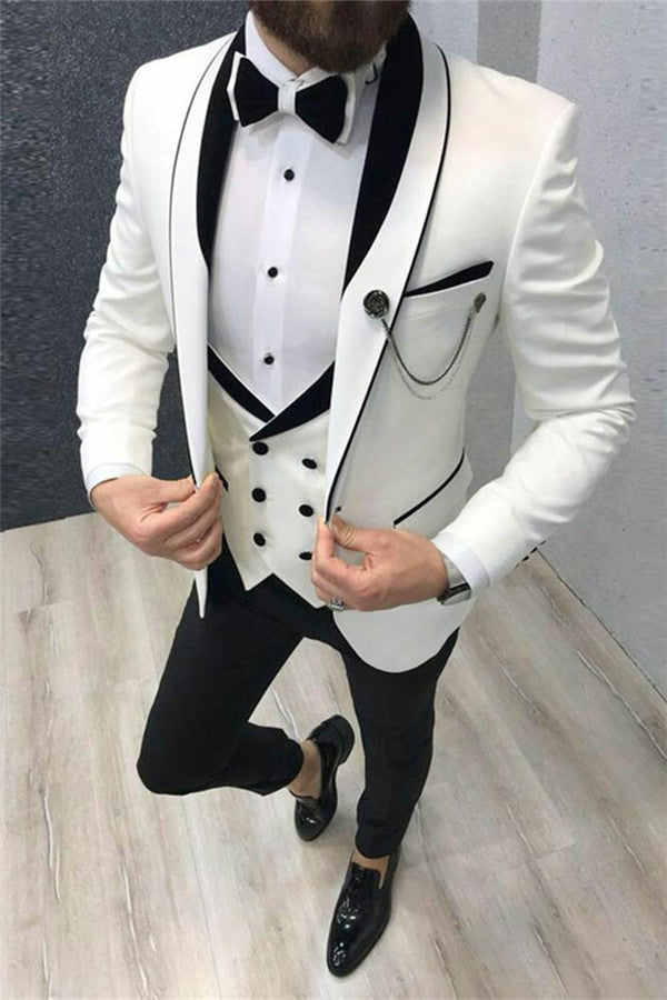 stylesnuggle made this White Wedding Tuxedos with Black Lapel, Groom Suits for Men Three-pieces with rush order service. Discover the design of this White Solid Shawl Lapel Single Breasted mens suits cheap for prom, wedding or formal business occasion.