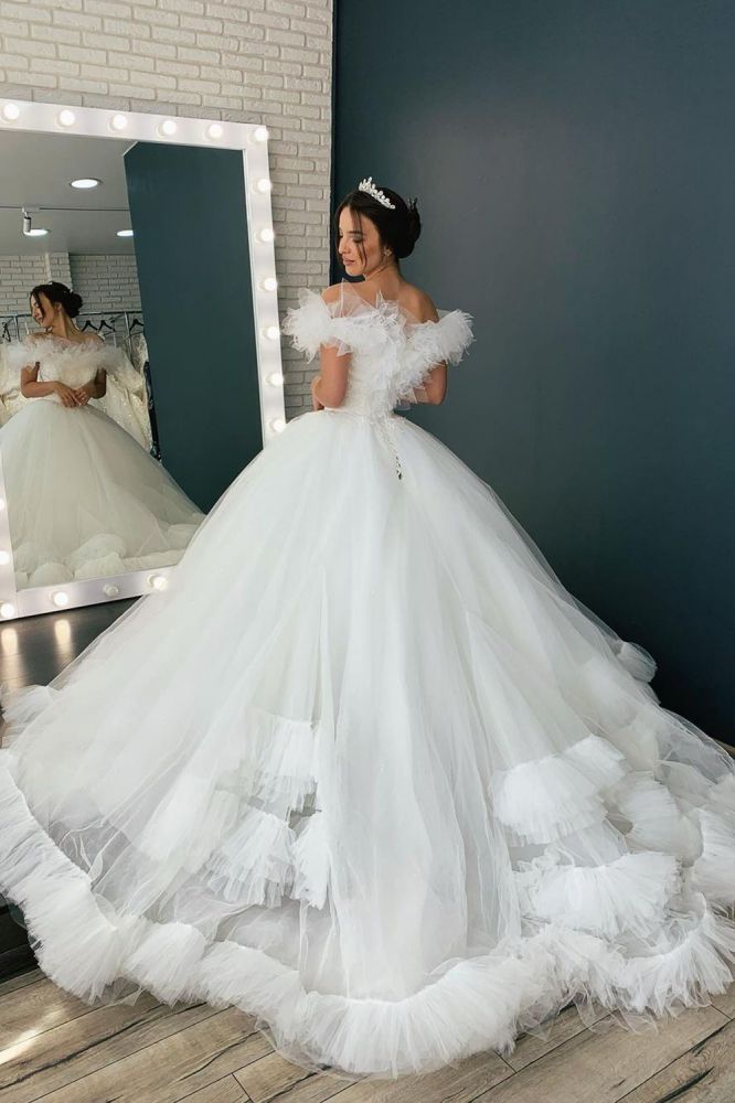 stylesnuggle offers Off the Shoulder Puffy Tulle Lace Ball Gown Princess Bridal Gown at a good price, 1000+ options, fast delivery worldwide.