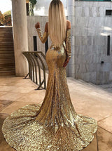 Wanna Prom Dresses, Evening Dresses in Mermaid style,  and delicate Sequined work? stylesnuggle has all covered on this elegant Wholesale Off-the-Shoulder Champagne Sequins Prom Dresses Elegant Long Sleeves Side Slit Evening Gowns yet cheap price.