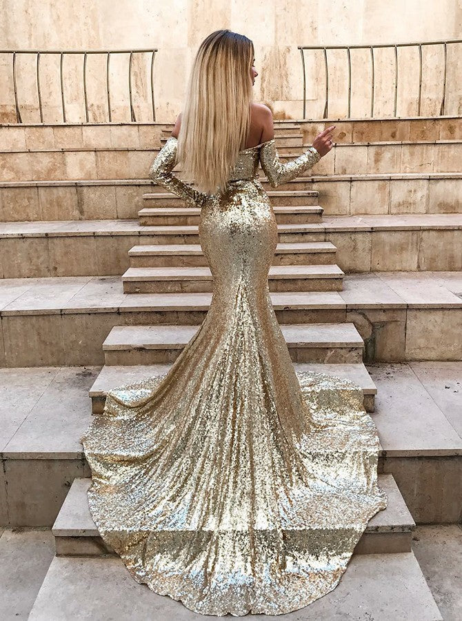 Wanna Prom Dresses, Evening Dresses in Mermaid style,  and delicate Sequined work? stylesnuggle has all covered on this elegant Wholesale Off-the-Shoulder Champagne Sequins Prom Dresses Elegant Long Sleeves Side Slit Evening Gowns yet cheap price.