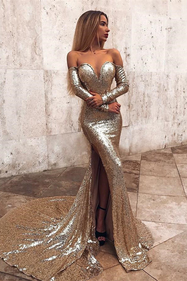 Wholesale Off-the-Shoulder Champagne Sequins Prom Dresses Elegant Long Sleeves Side Slit Evening Gowns-stylesnuggle