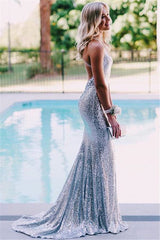 Wanna Prom Dresses, Evening Dresses in Mermaid style,  and delicate Sequined work? stylesnuggle has all covered on this elegant Wholesale Open Back Silver Sequins Evening Dress Fit and Flare Spaghetti Straps Fomral Dressn