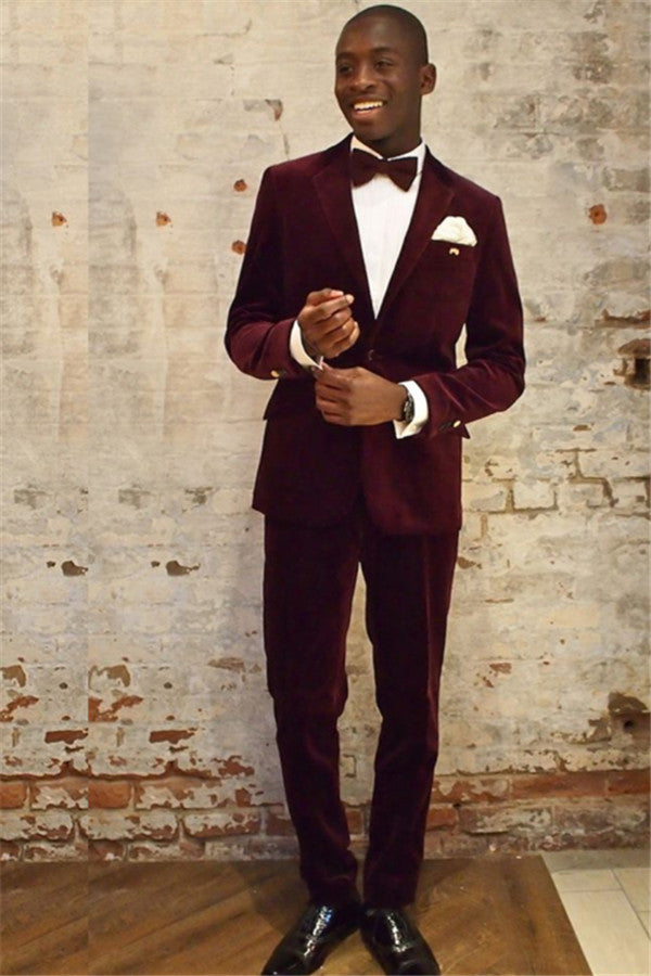 Wine Red Velvet Notched Lapel Classic Mens Suits Online