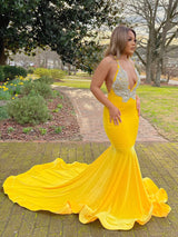 Yellow Appliques Lace V-Neck Spaghetti Straps Long Mermaid Prom Dress-stylesnuggle