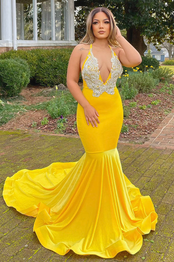 Yellow Appliques Lace V-Neck Spaghetti Straps Long Mermaid Prom Dress-stylesnuggle