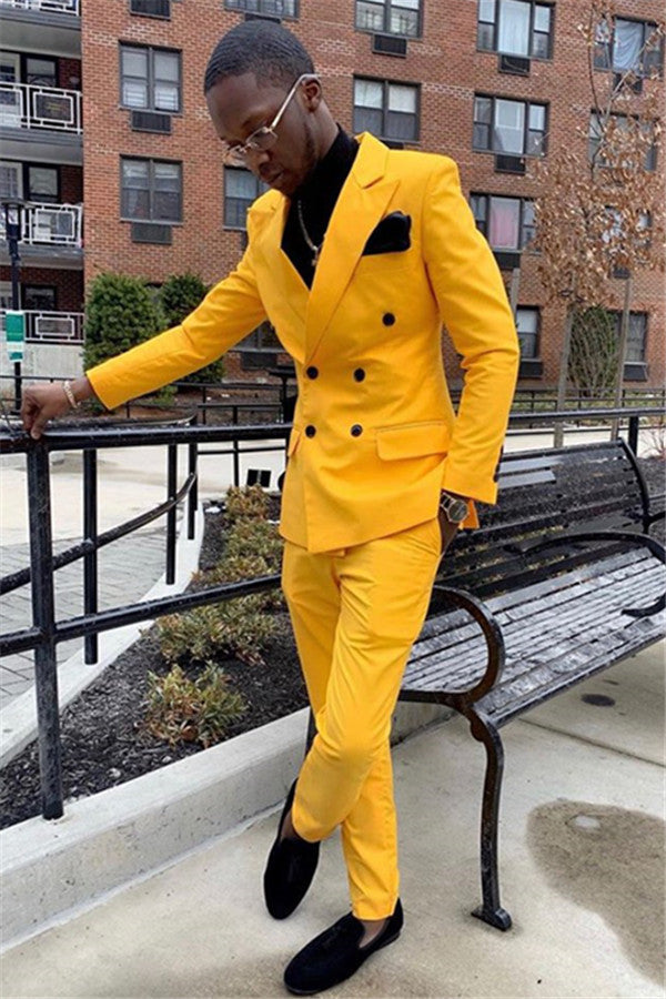 Yellow Double Breasted Slim Fit Peaked Lapel Mens Suits