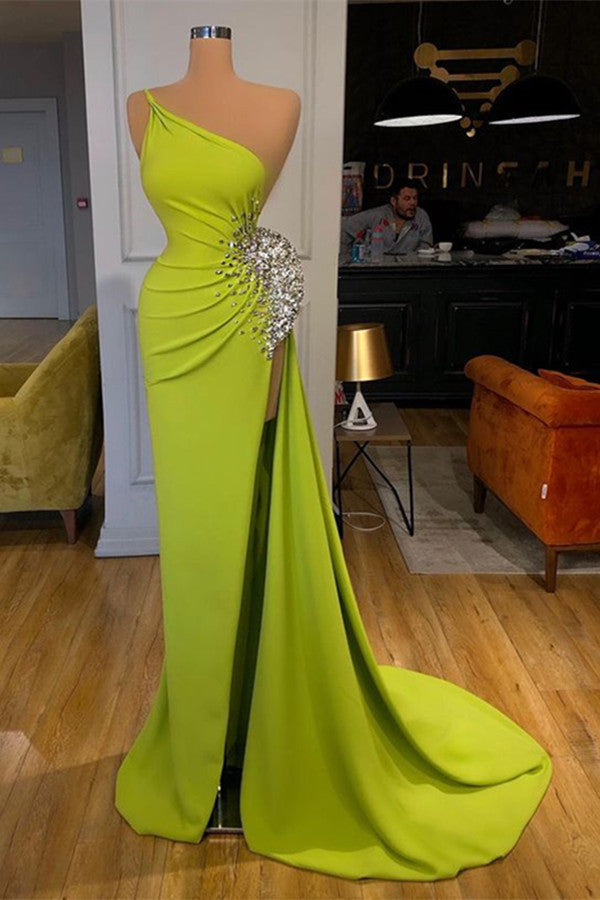 Yellow Green One Shoulder Mermaid Prom Dress Long Split With Beads-stylesnuggle