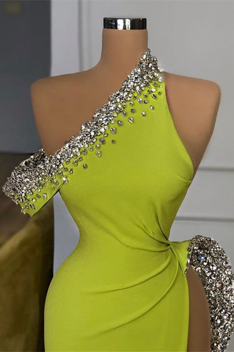 Yellow Green One Shoulder Mermaid Prom Dress Slit Long With Crystals-stylesnuggle