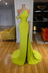 Yellow Green One Shoulder Mermaid Prom Dress Slit Long With Crystals-stylesnuggle