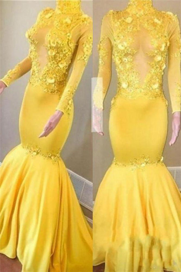 Yellow High Neck Flower Appliques Mermaid Long Sleevess Prom Dresses-stylesnuggle