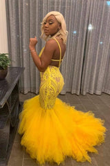 Shop stylesnuggle for a Yellow Mermaid Lace Puffy Tulle Open back Cheap Long Prom Party Gowns at prices under $200. Never miss it out for the great deal.