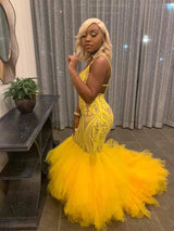 Shop stylesnuggle for a Yellow Mermaid Lace Puffy Tulle Open back Cheap Long Prom Party Gowns at prices under $200. Never miss it out for the great deal.