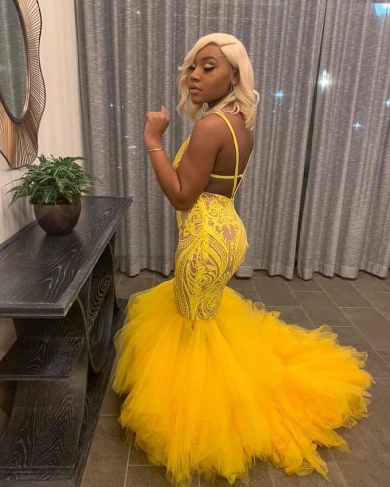 Shop stylesnuggle for a Yellow Mermaid Lace Puffy Tulle Open back Cheap Long Prom Party Gowns at prices under $200. Never miss it out for the great deal.