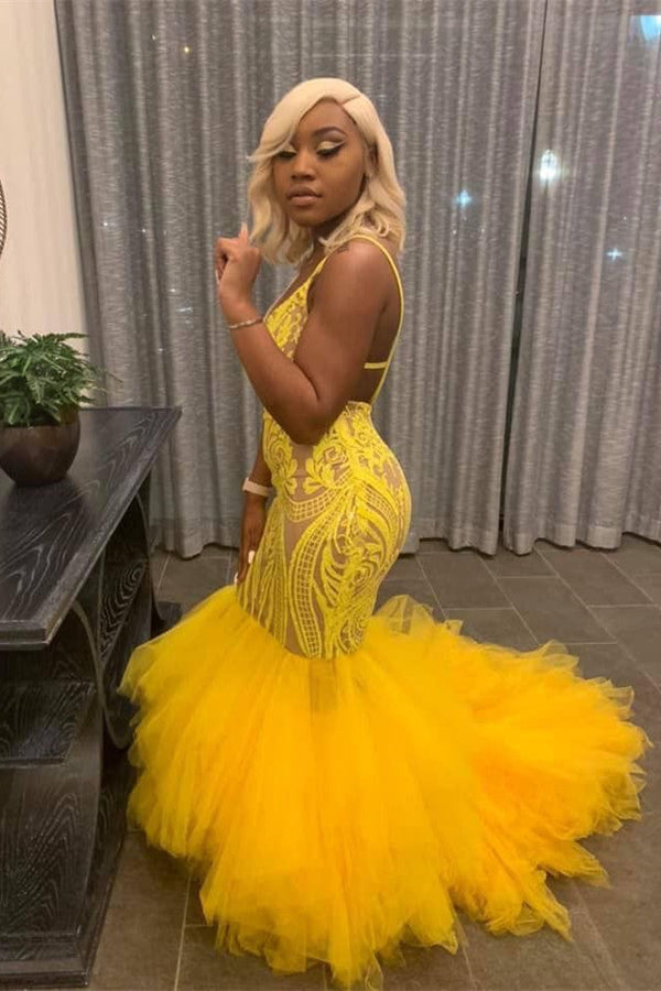 Shop stylesnuggle for a Yellow Mermaid Lace Puffy Tulle Open back Cheap Long Prom Party Gowns at prices under $200. Never miss it out for the great deal.