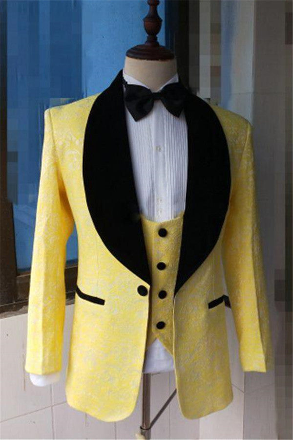 Yellow Slim Fit Lapel Shawl Prom Dress Suit Bespoke Jacquard Men Formal Party Blazer-stylesnuggle