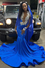 Royal Blue Deep V-neck Mermaid Court Train Long Prom Dresses