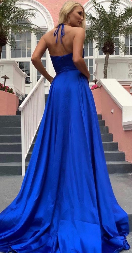 Wanna Prom Dresses, Evening Dresses in Stretch Satin, Elastic Silk-like Satin,  A-line style,  and delicate Split Front work? stylesnuggle has all covered on this elegant Spaghetti Strap Shiny Royal Blue Prom Party Gowns with High Split Chic V-neck Princess Evening dress On Sale yet cheap price.