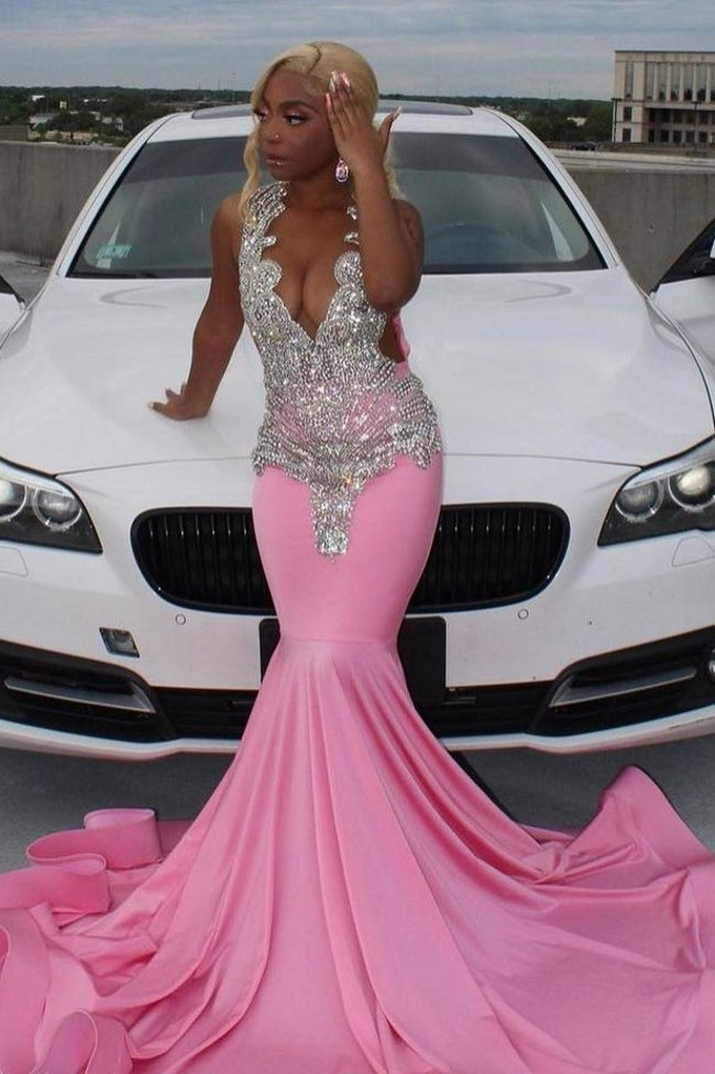 Elegant Pink Mermaid Court Train Prom Dresses wth Silver Beads