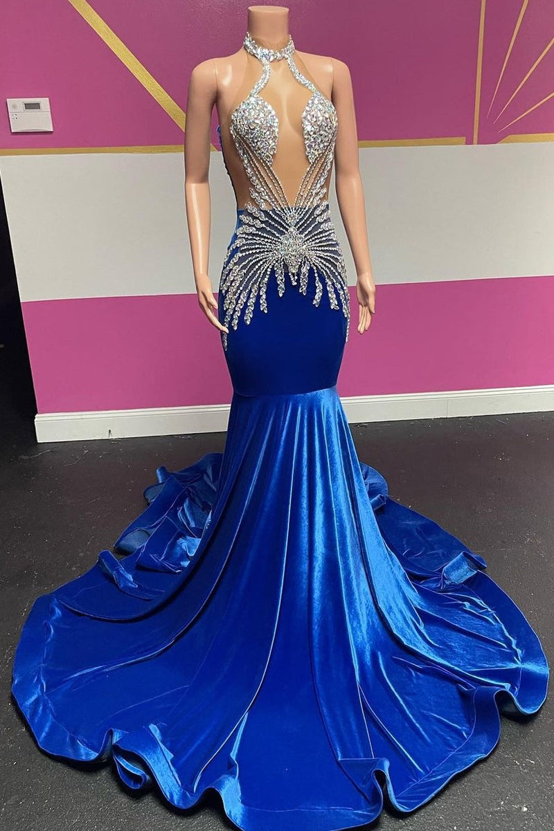 Royal Blue Halter Velvet Mermaid Silver Beaded Prom Dresses