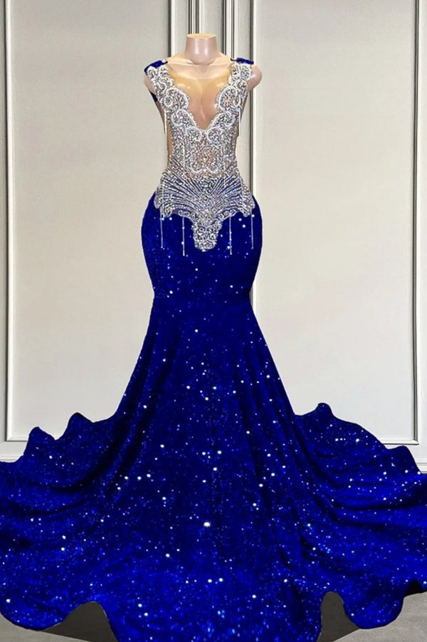 Royal Blue sequin Silver Beaded Mermaid Long V-neck Prom Dresses