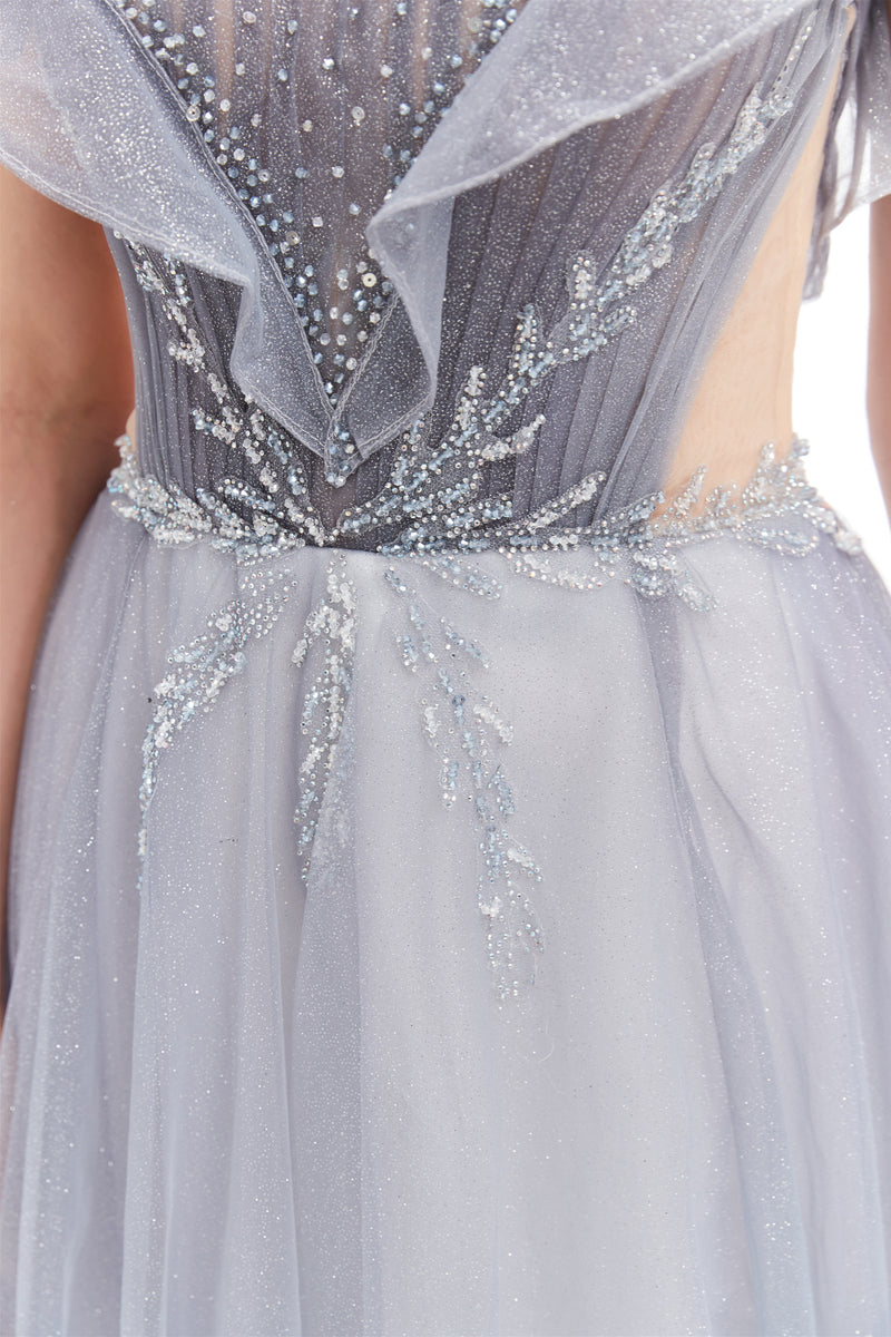 A-line Round Sequined Floor-length Cap Sleeve Open Back Appliques Lace Prom Dress-stylesnuggle