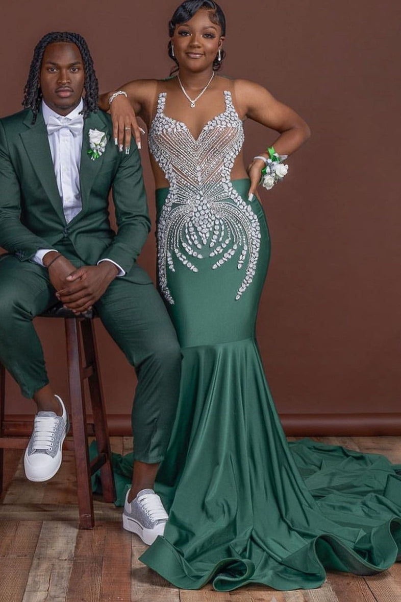 Dark Green Mermaid Floor length Prom Dresses with Silver Beads