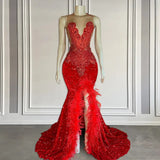 Red Sleeveless Sequins Mermaid Prom Dress with Front Slit Beadings and Feathers