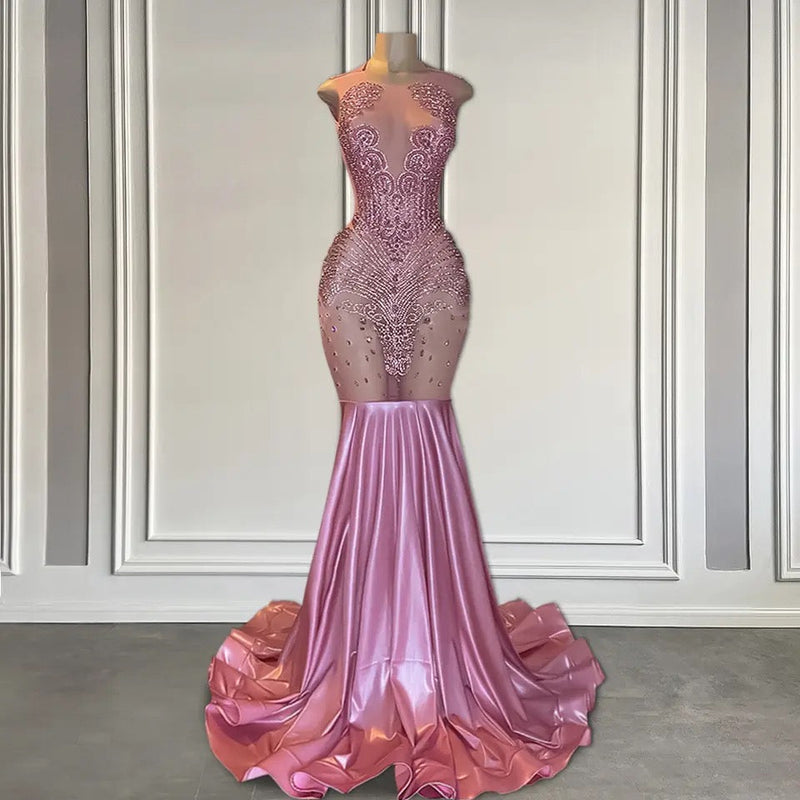 Long Pink Sleeveless Mermaid Prom Dress Featuring Beadings