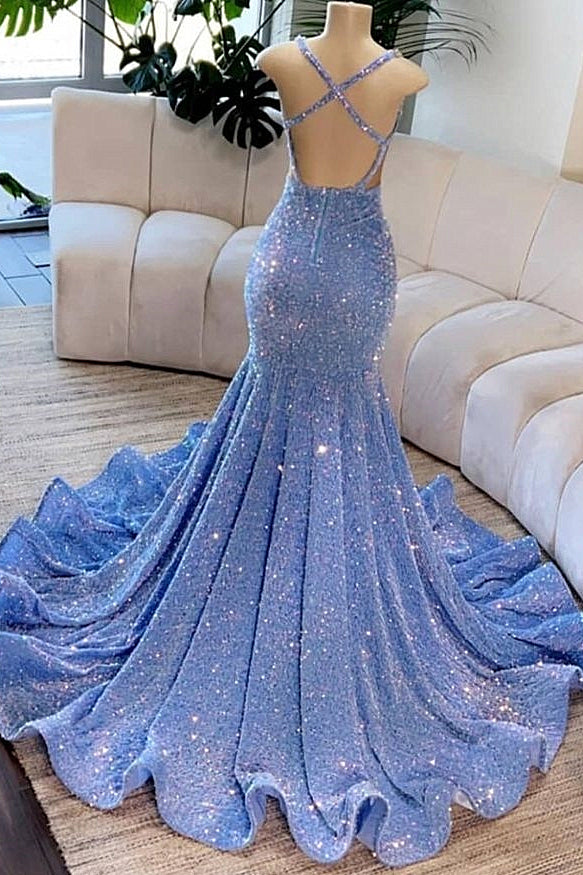 Deep V-Neck Mermaid Sequins Backless Prom Dress