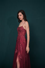 Burgundy Spaghetti Strap Lace Appliques High split Prom Dress-stylesnuggle