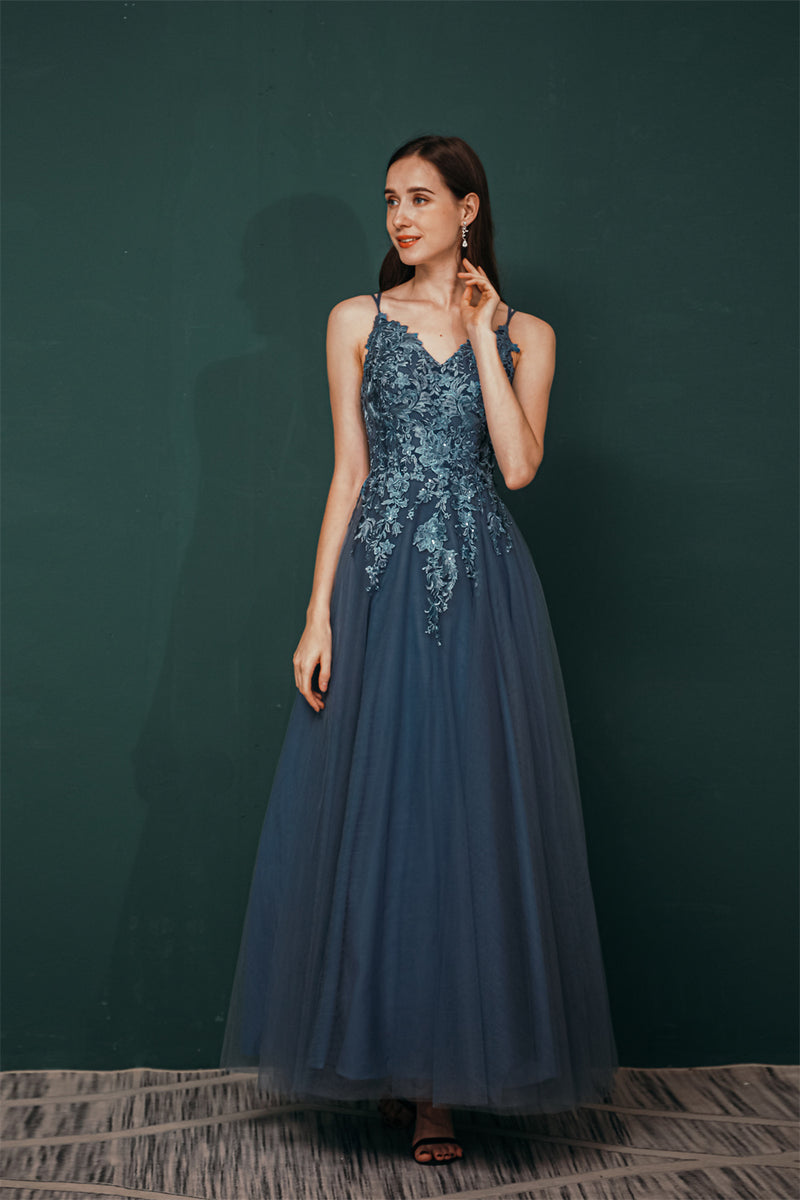 Unique Dusty Blue Tulle A-line Low back Spaghetti-strap Prom Dress-stylesnuggle