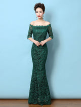 Lace Evening Dress Off The Shoulder Mermaid Party Dress Dark Green Half Sleeve Maxi Occasion Dress wedding guest dress