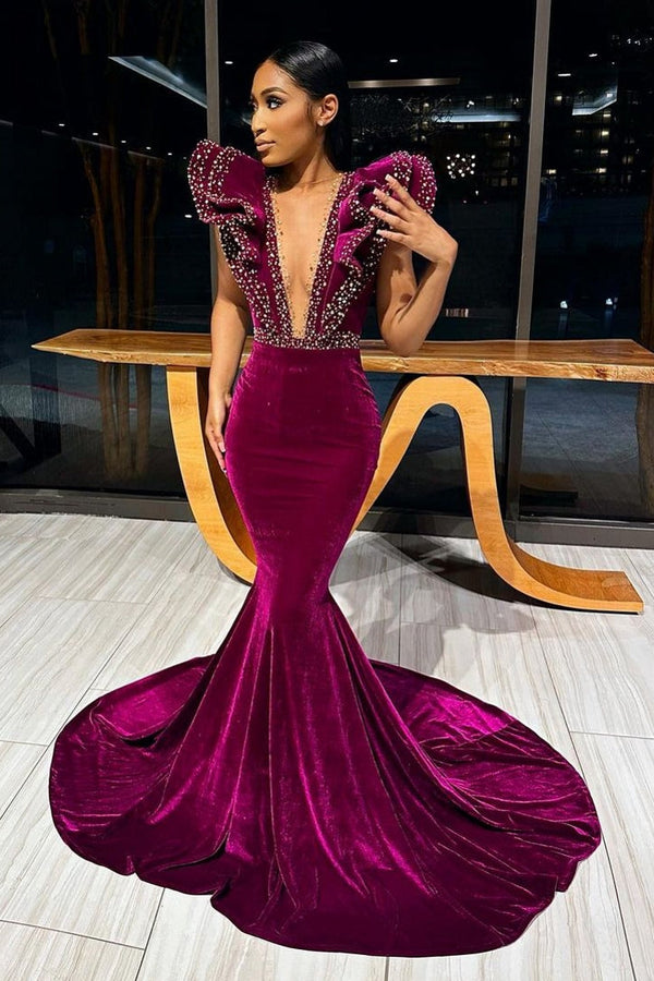 Deep V-Neck Mermaid Sweep Train Beading Prom Dress