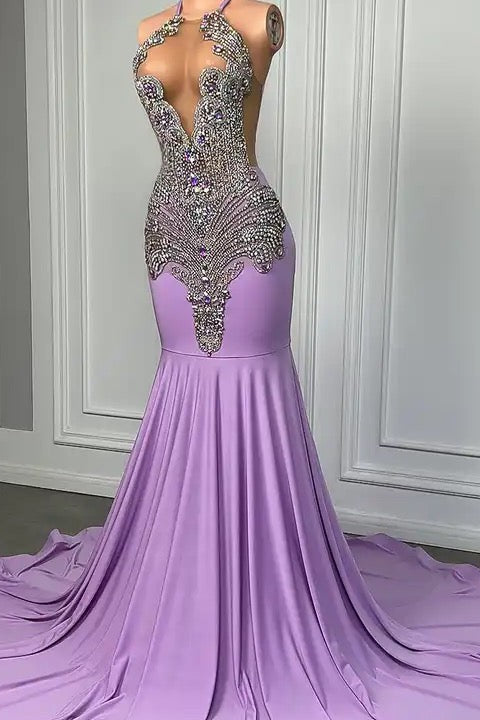 Long Lilac Sleeveless Halter Mermaid Prom Dress With Beadings