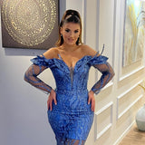 Classic V-Neck Long Sleeves Sheath Mermaid Lace Prom Dresses-stylesnuggle