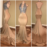 Luxurious champagne mermaid evening dresses,  halter deep v-neck lace applique long prom dresses,  party dresses sweep train.stylesnuggle custom made, Elegant design with top quality,  lowest price and free shipping,  affordable price, all colors and sizes.